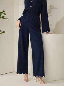 Veilorie Bottom Only(Without Top)Conservative Casual Wave Hem Embroidered Women Pants - Navy Blue - View 5