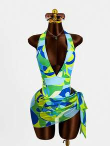 Zestiva Spring/Summer Green Colorblock Print Deep V-Neck Backless High-Cut Skirt Set Viral Hot Style Beach Party Vacation One-Piece Swimsuit With Mesh Skirt - Multicolor - View 4