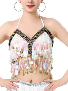 1PC Colorful Sequin Wrapped Belly Dance Costume, A Hanging Coin Stage Performance Dance Costume With Sequin Tassel Top - Multicolor - View 3