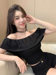 DAZY 女款露肩修身T恤性感風 - 黑色 - 查看 7