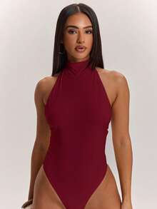 SHEIN BAE 女款純色修身休閒性感掛脖背心連身衣 酒紅色 夏季日常 外出穿搭 - 酒紅色 - 查看 4