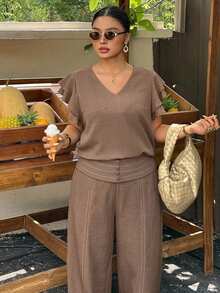 Dazy Plus Summer Holiday Outfit Commuter Office Formal V-Neck Ruffle Flutter Sleeve Casual Elegant Long Pants Plus Size Women Black Chocolate Brown 2 Pieces Set - Brown - View 3