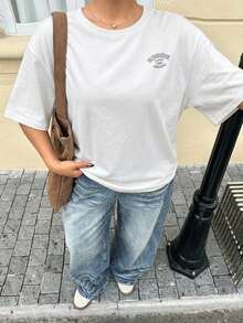 Dazy Plus 女款寬鬆大尺碼棕色休閒短袖T恤，圓領字母印花圖案，春夏季 - 白色 - 查看 7