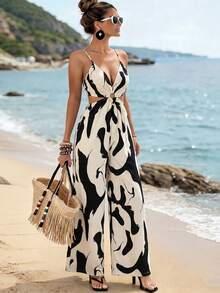 Breezaya Women's Elegant Vacation Backless Lace-Up Strap Design Jumpsuit - Multicolor - View 1