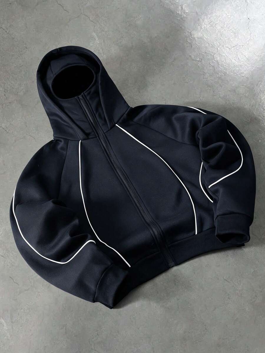 PAVTROS Men's Young Streetwear Striped Colorblock Double Layer Hooded Zip-Up Sweatshirt - Navy Blue - View 1