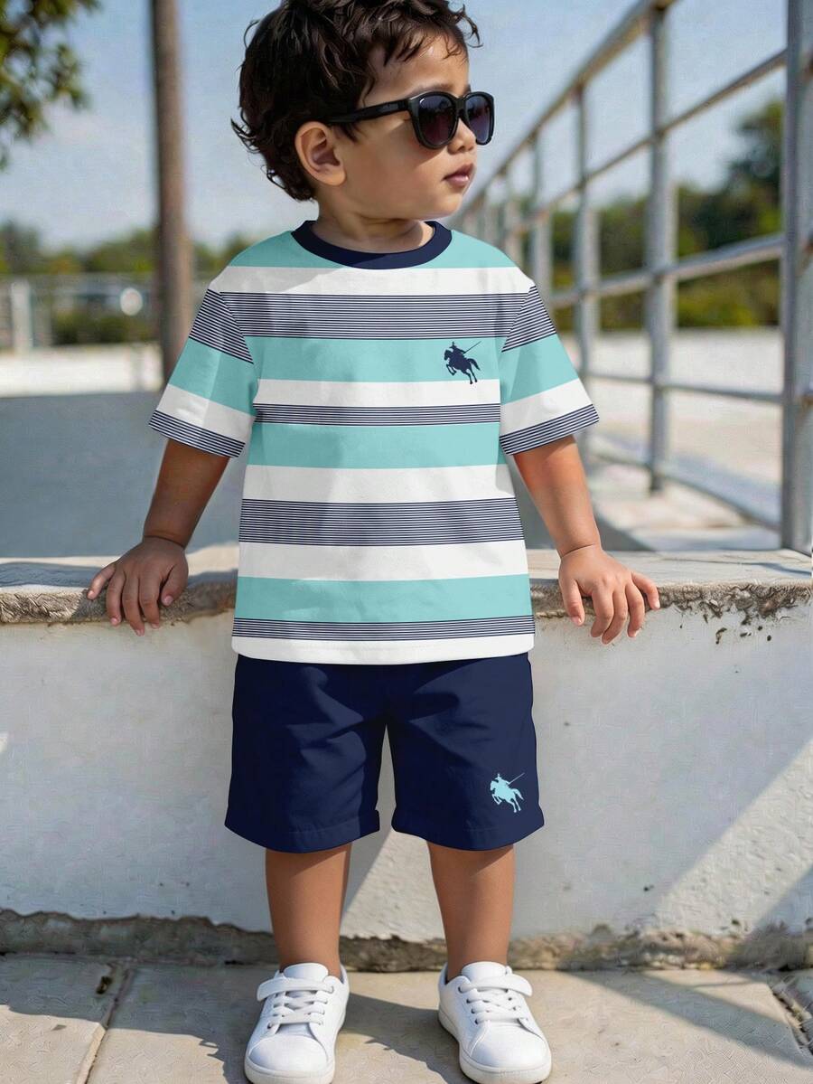 Young Boy Casual Minimalist T-Shirt Set, Classic Striped Color Block Patchwork Pattern Print, Exquisite Small Logo Knight Pattern Print, Suitable For Summer, Suitable For Campus - Multicolor - View 1