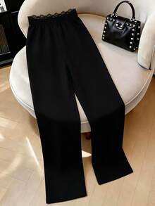 GlowEve CURVE Plus Size Elegant Versatile Contrast Lace Trim Pants - Black - View 2