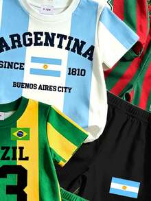 RANDOM 3 SETS ENVIAR 1 SET, Conjunto Combinado Estilo Deportivo de Verano. Incluye Estilos con Tema de la Copa de Fútbol con Camiseta Estampada a Rayas Amarillas & Verdes de Brasil + Pantalones Cortos, Jerseys con Temas de Varios Países - Multicolor - Ver 7