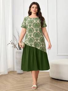 Mulvari Plus Size Vacation Patchwork Paisley Print Short Sleeve Long Dress For Women Formal Sage Green Summer Elegant - Army Green - View 5