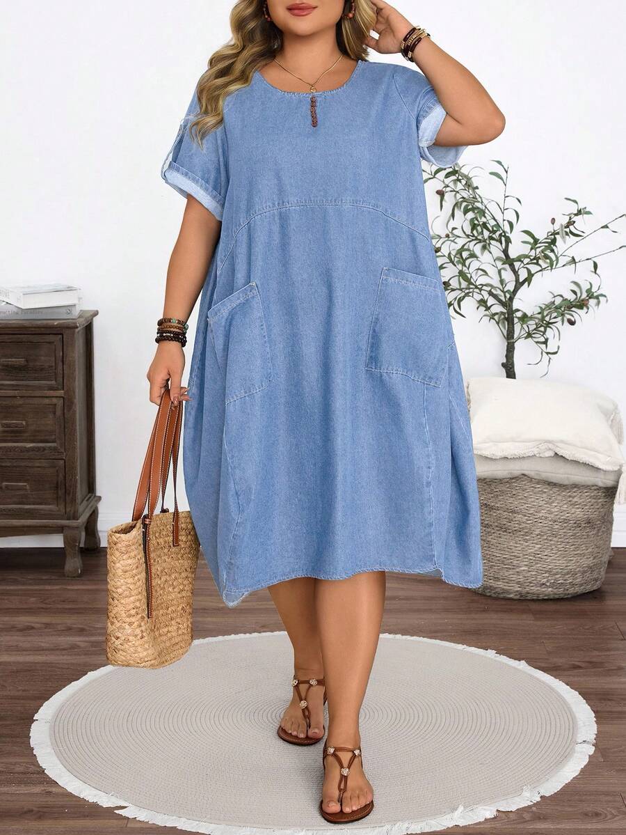 EMERY ROSE Vestido de Mezclilla con Bolsillos de Verano para Mujer Talla Grande - Lavado ligero - Ver 1