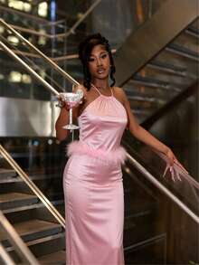 Glyssa Ladies' Summer Sexy And Elegant Backless Hot Pink Satin Camisole Slit Long Dress Suitable For Parties Wedding Bridesmaid Dresses - Pink - View 1