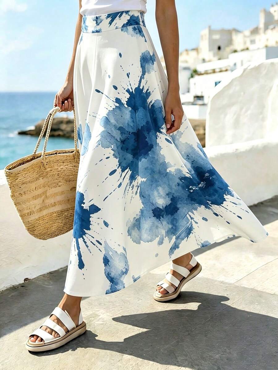 SHEIN Holidaya 女士蓝白相间A字喇叭裙,扎染大碎花印花裙 - 藍白色 - 查看 1