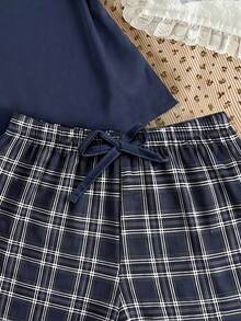 Teen Girl Casual Loose Minimalist Round Neck Short Sleeve Shorts Pajama Set, Suitable For Spring/Summer Blue Checkered - Multicolor - View 5