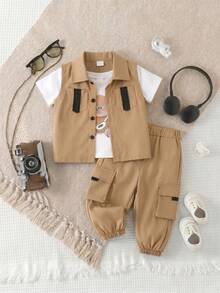 SHEIN Playful Pals 男婴工装口袋背心套装，包含字母印花短袖T恤和休闲工装裤，时尚百搭，清爽舒适面料，适合夏季室内外穿着 - 卡其色 - 查看 4