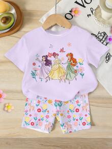 Elladie kids 1 Set Young Girls' Sweet Purple Dreamy Princess Print T-Shirt & Butterfly,Deer,Flower Pattern Shorts,Summer Outfits,Light Pink,Summer,Family Matching - Multicolor - View 3