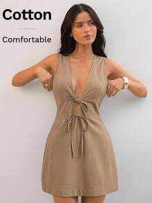 SHEIN SXY Tie-Knot Casual Striped Mini Dress - Khaki - View 7