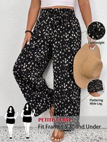 SHEIN PETITE CURVE 大码女式高腰系带印花休闲阔腿裤，夏季 - 黑色 - 查看 2