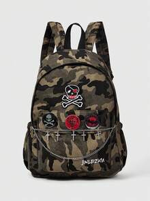 ROMWE Grunge Punk 1 Pieza Mochila de Gran Capacidad con Múltiples Bolsillos, Diseño Decorativo de Cadena de Cruz con Pedrería, Bordado de Cabeza de Calavera con Patrón de Camuflaje Punk Gótico Verde, Estilo Decadente Oscuro, Mochila Unisex de Moda, Adecuada para Desplazamientos, Universidad, Vacaciones y Otros Artículos de Moda - Verde - Ver 1