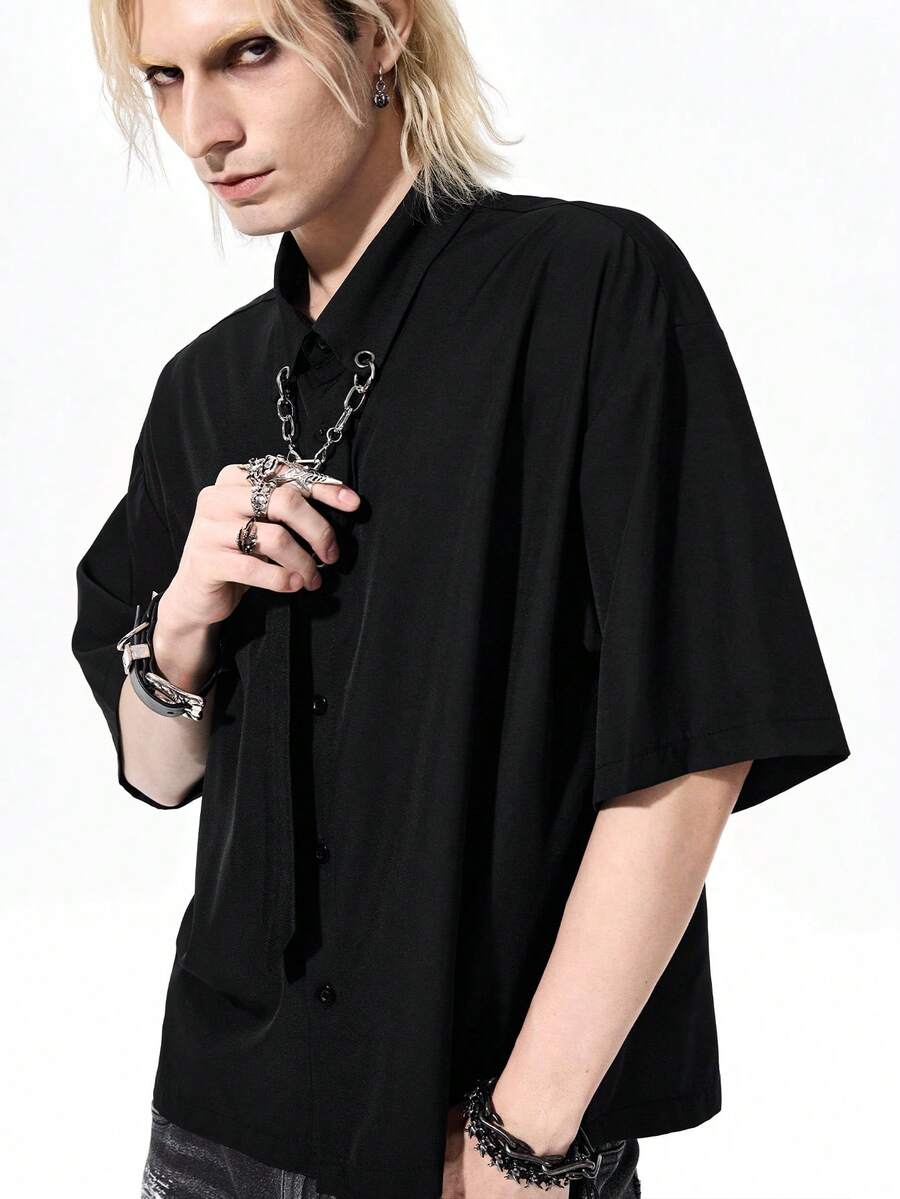 ROMWE MEN Street Life Men's Solid Color Casual Versatile Daily Travel Shirt - Black - View 1
