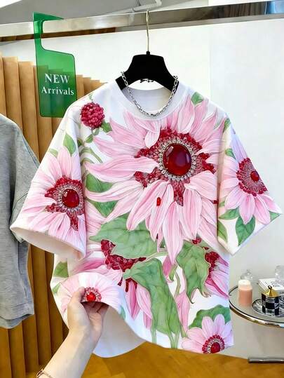 SHEIN Franclia 女款花卉印花寬鬆T恤，休閒T恤適合日常通勤、約會、派對、假日和度假場景
