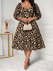 SHEIN Lady Plus Size Women's Leopard Print Fashion Date Evening Wedding Guest Holiday Cocktail Party Dress Beige Autumn Elegant Sexy - Multicolor - View 3