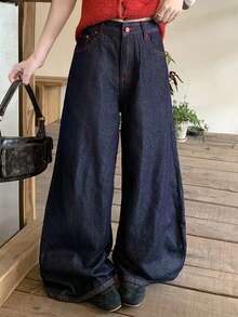 DAZY Women's Loose Wide Leg Denim Jeans With Pockets, Dark Red Summer Street Style Y2k, Back-To-School School - Blue - View 4