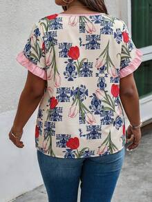 Weeklong Plus Size Women's Spring/Summer Ruffle Petal Sleeve Striped Print Casual Vacation Shirt - Multicolor - View 2