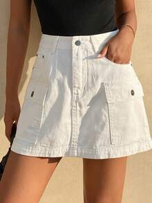 Livesso White Casual Loose Denim A-Line Skirt For Women Summer - White - View 4