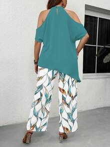 EMERY ROSE Plus Size Teal Summer Boho Beach Holiday,Minimalist Green Leaf Print Two Pieces Set,Halter Top With Asymmetrical Hem,Drawstring Pants,Casual & Daily - Multicolor - View 2