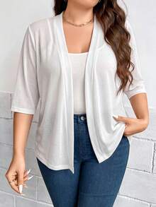 Comfylo Plus Size Women's French Style Casual Versatile Textured Sheer Knit Cardigan Office White Summer - White - View 4