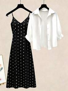 Velvienne Plus Size Woven Casual Polka Dot Summer Women's Two Pieces Set - Multicolor - View 4