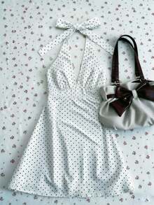 INAWLY Plus Size Women's Black And White Print Deep V Neck Halter Tie Dress Vacation Dinner Summer 1950s Vintage 1920s - White - View 3