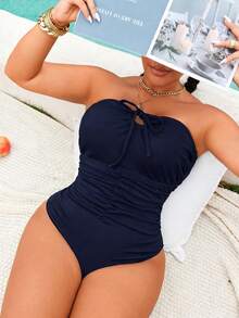 Swim Basics Plus Size Women's Solid Color Bandeau Ruched Knot One-Piece Swimsuit - Navy Blue - View 3