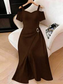 Elenzga Plus Size Women's Solid Color Jinshi Decor Short Sleeve Asymmetric Strap Dress - Brown - View 3