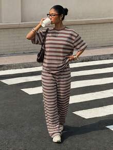 Muchica 2pcs/Set Women's Loose Striped Crew Neck Dropped Shoulder Short Sleeve T-Shirt And Elastic Waist Striped Pants, Winter Sweater Set, Autumn/Winter Casual Set, New Year Outfit, Christmas Pajamas, Brown, Short Sleeve 2pcs/Set, Women's Comfortable Spring 2pcs/Set, Preppy Print Pattern, Women's Outing Outfit, Women's Summer Outfit - Multicolor - View 6