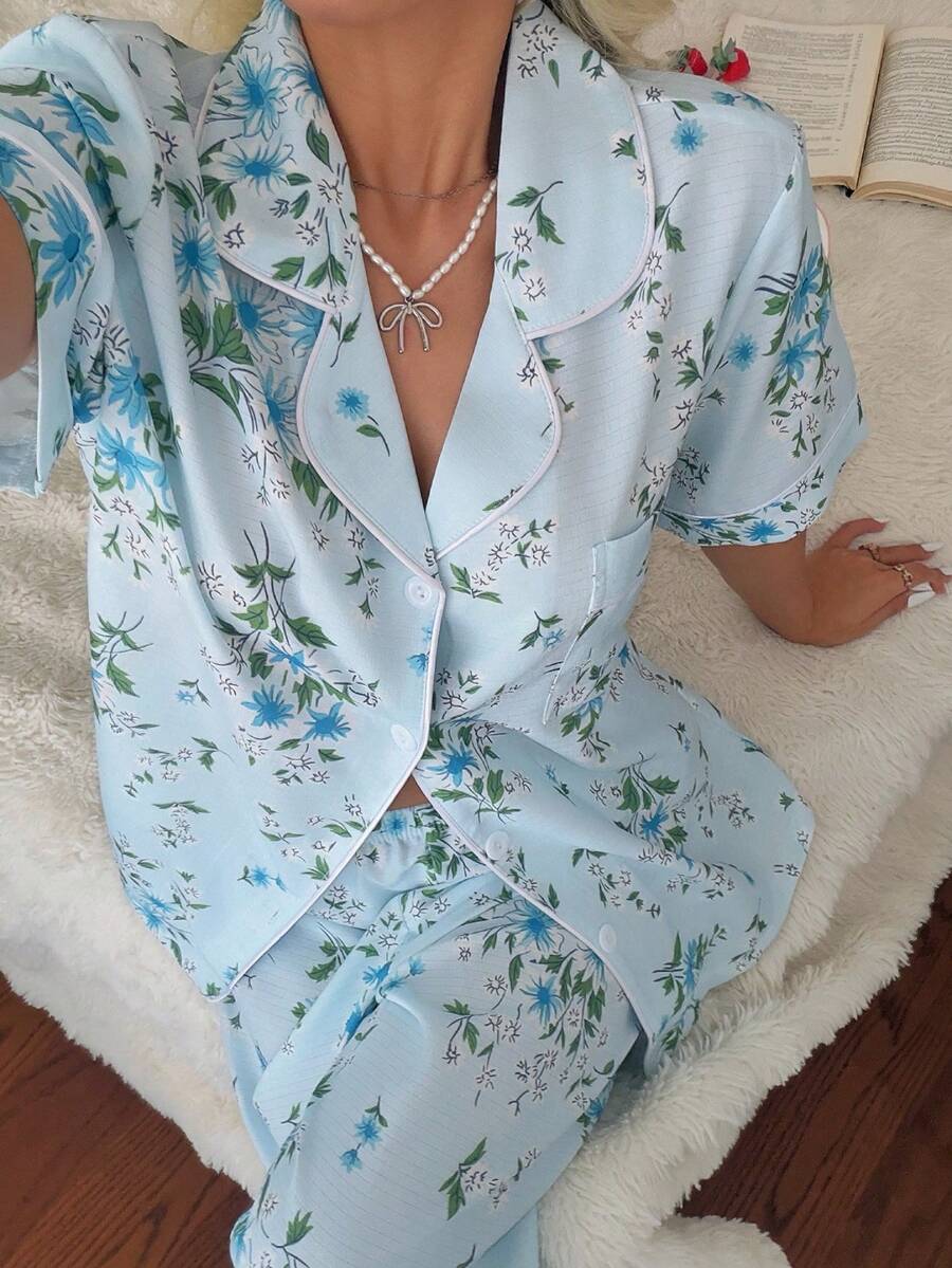 CottageSlumber Floral Print Lapel Short Sleeve Long Pants Pajama Set - Baby Blue - View 1