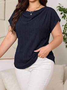 Reflora Plus Size Women's Solid Color Round Neck Batwing Sleeve Pleated Casual Shirt - Navy Blue - View 3