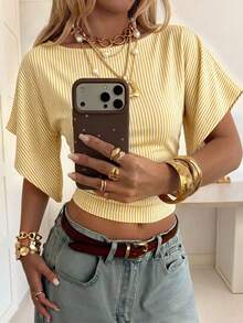 SHEIN EZwear 休閒簡約黃色系 164 細條紋滿版印花 95% 棉針織女款 T-Shirt，適合春夏季 - 彩色 - 查看 5