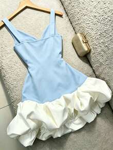 SHEIN Franclia Blue And White Spaghetti Strap Ruched Dress, Patchwork, Bubble Hem, Slim Fit Short Style. Y2K Elegant Summer Sleeveless V-Neck, Party Date Wedding - Baby Blue - View 2
