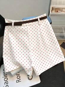 Franclia Casual Commuter Fashion Versatile Mid-High Waist With Belt Summer New Khaki Solid Color Women's Shorts - Red and White - View 2