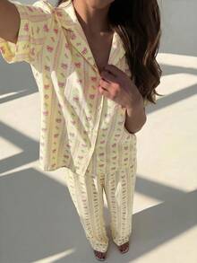 Aloruh Conjunto de camisa con estampado de rayas rosas y pantalones largos, versátil para el hogar y salidas - Amarillo claro - Ver 7