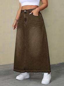 SHEIN ICON 大尺碼女款口袋鈕扣休閒百搭日常牛仔裙 - 棕色 - 查看 6