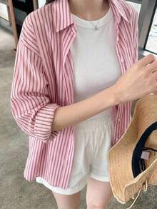 DAZY 女款粉色條紋單排扣POLO領長袖甜美襯衫 - 粉色 - 查看 2