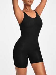 SHAPORA Women's Solid Color Bodycon Romper With Spaghetti Strap - Black - View 6
