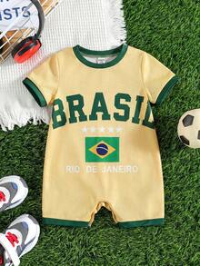 SHEIN Unisex Newborn Baby Boys/Girls Cute Contrast Color Short Sleeve Romper Jumpsuit, Suitable For Spring And Summer - Multicolor - View 3