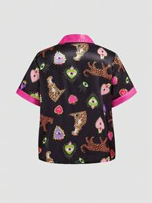 Chillnights Young Fashion 活力愛心豹紋眼對比純色印花翻領開襟大尺碼女款睡衣套裝 - 黑色 - 查看 13