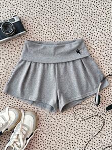 SHEIN Tween Girl Knit Equestrian Print Waist Fold Casual Shorts - Grey - View 5