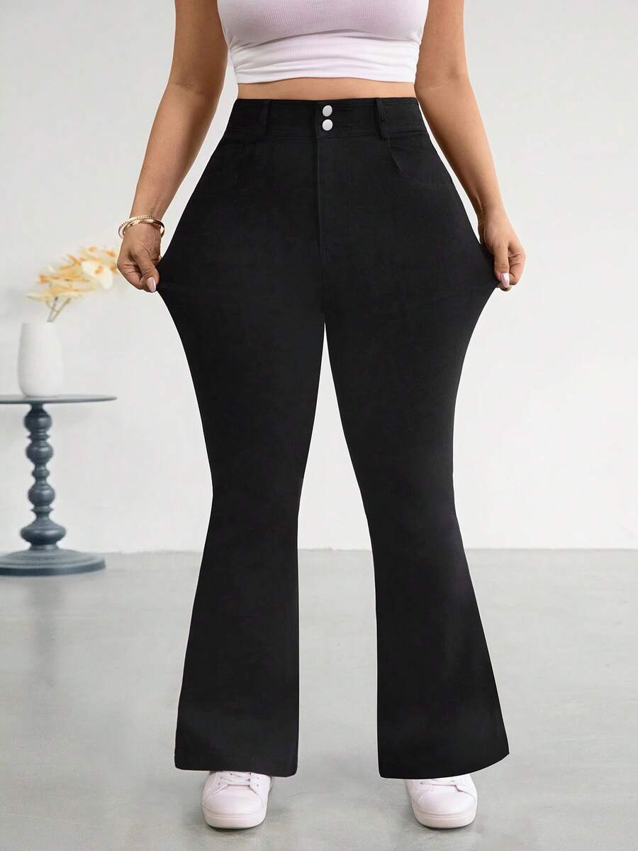Firerie Plus Size Women High Waist Casual Versatile Flare Leg Jeans Summer Elegant Vacation Beach Wedding Graduation Going Out Black Jeans - Black - View 1