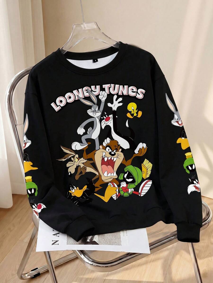 LOONEY TUNES X SHEIN Áo nỉ cổ tròn họa tiết hoạt hình và chữ cái thường ngày cho nam - trắng - Xem 1