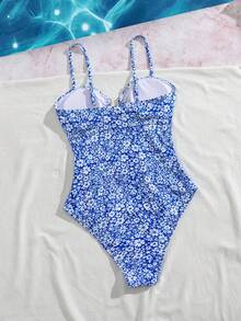 Swim Lushoire 女款藍色花卉U領連身泳衣，適合海灘熱帶度假、夏季輕盈派對 - 藍色 - 查看 5